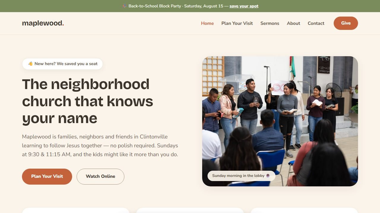 Screenshot of the Maplewood Community Church demo website homepage