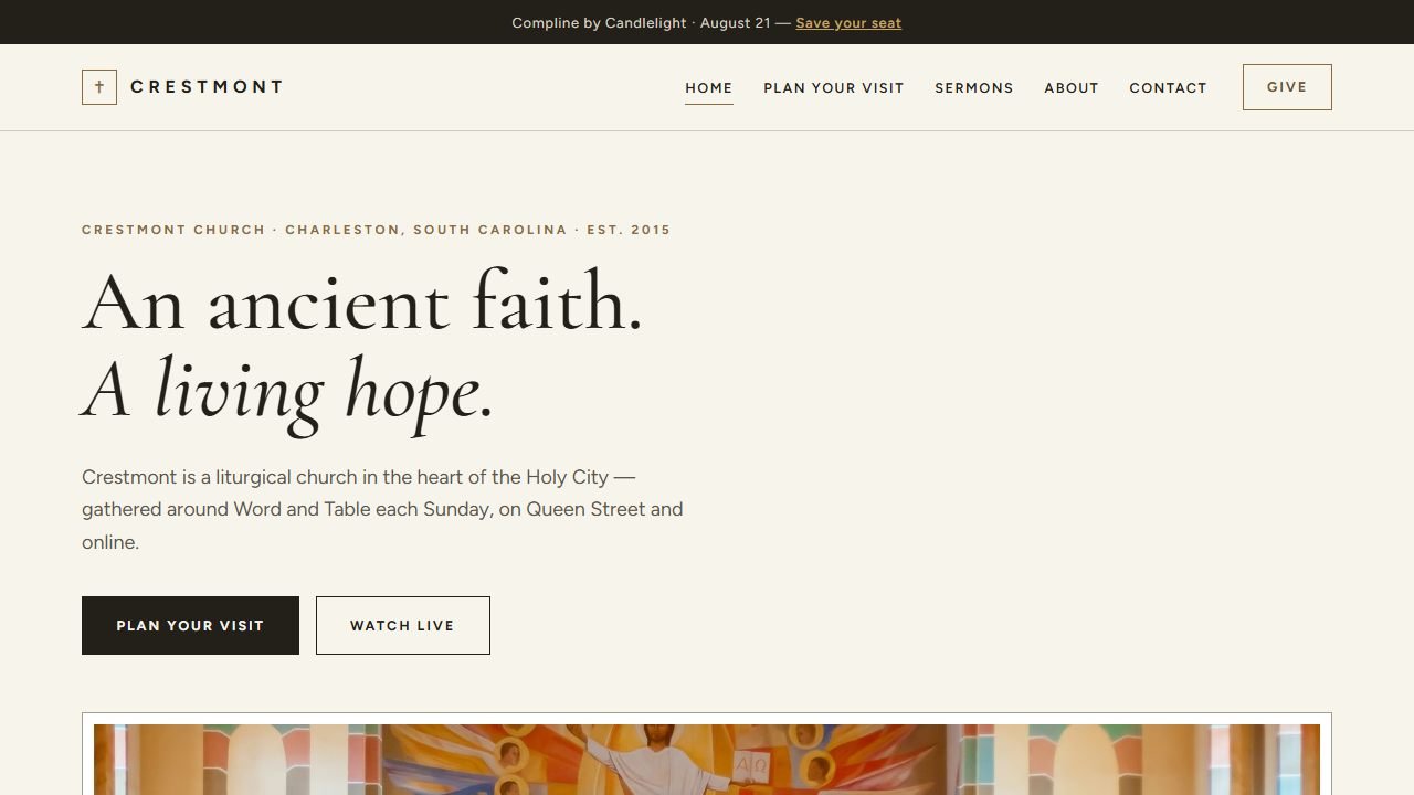 Screenshot of the Crestmont Church demo website homepage