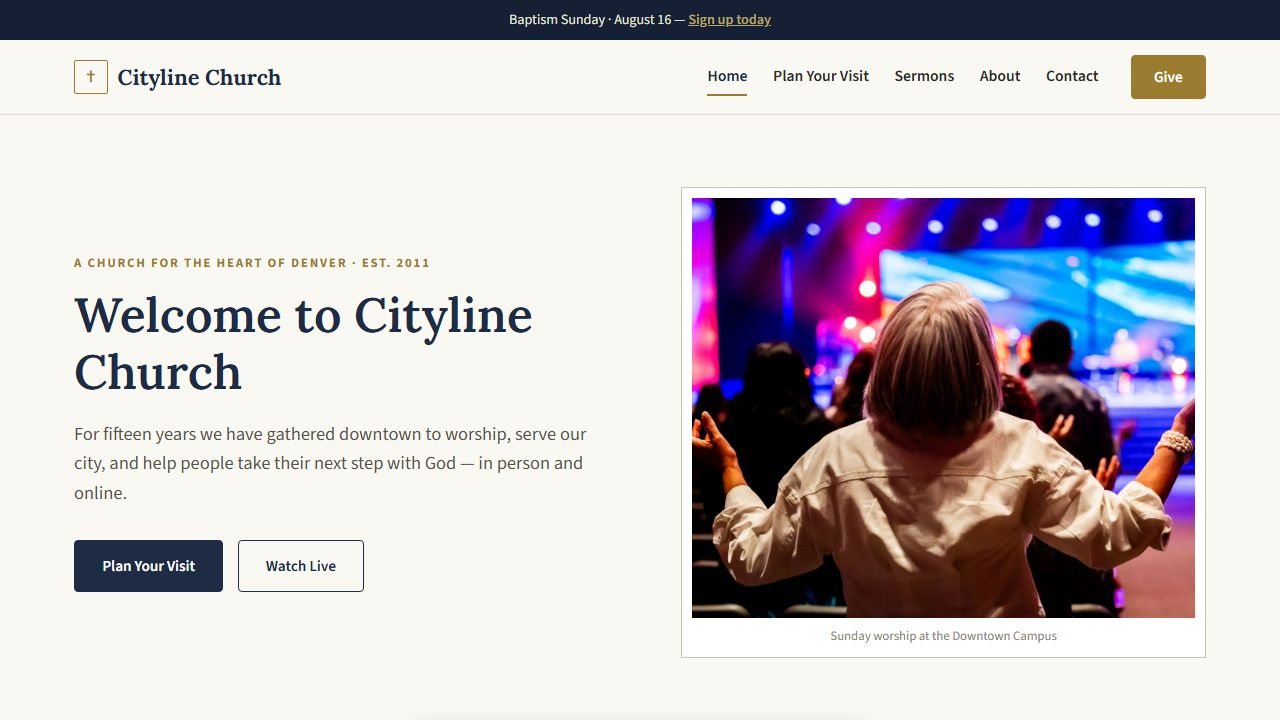 Screenshot of the Cityline Church demo website homepage