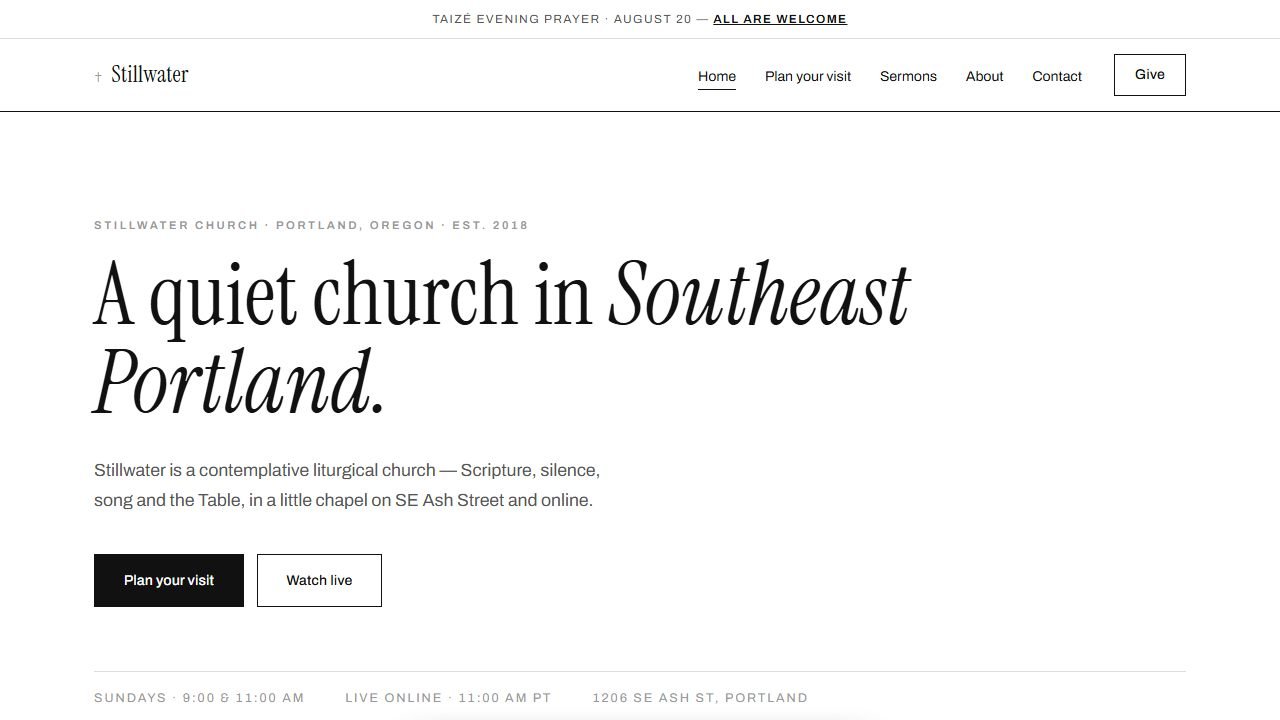 Screenshot of the Stillwater Church demo website homepage