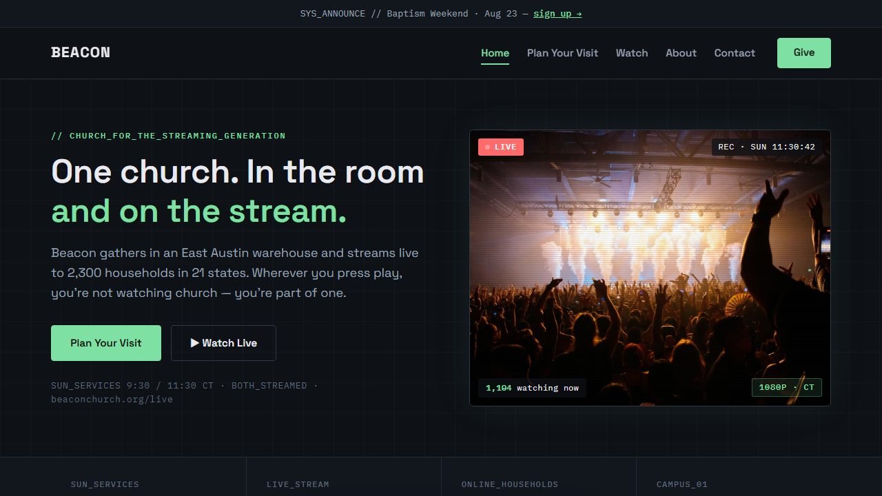 Screenshot of the Beacon Church demo website homepage