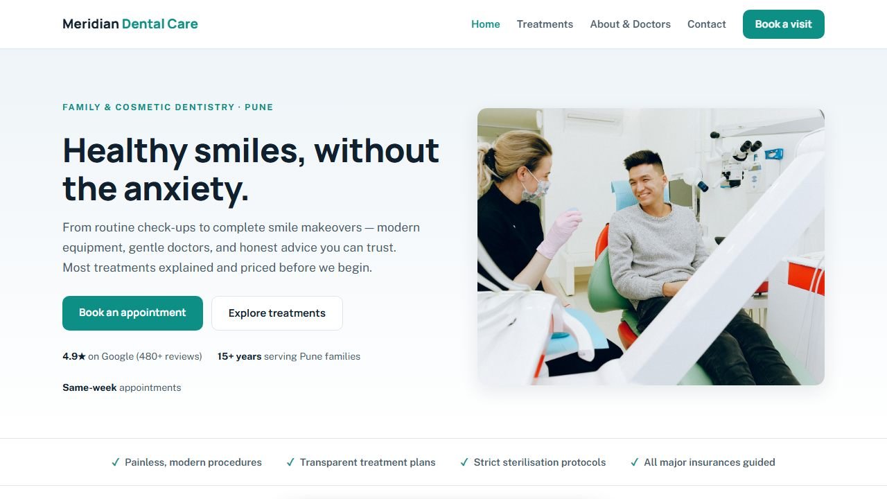 Screenshot of the Meridian Dental Care demo website homepage
