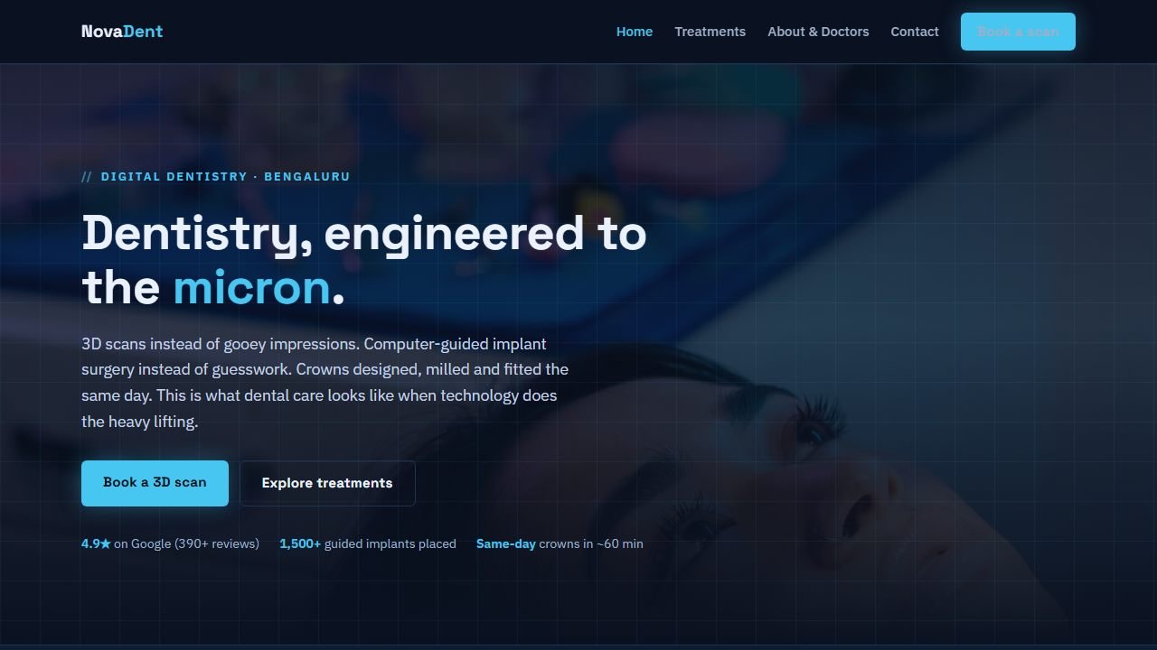 Screenshot of the NovaDent Digital Dentistry demo website homepage