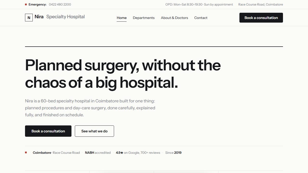 Screenshot of the Nira Specialty Hospital demo website homepage