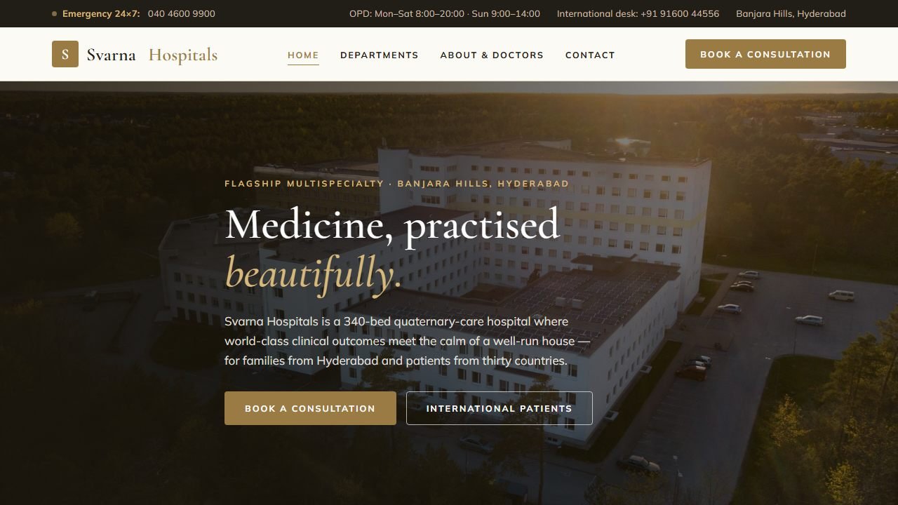 Screenshot of the Svarna Hospitals demo website homepage