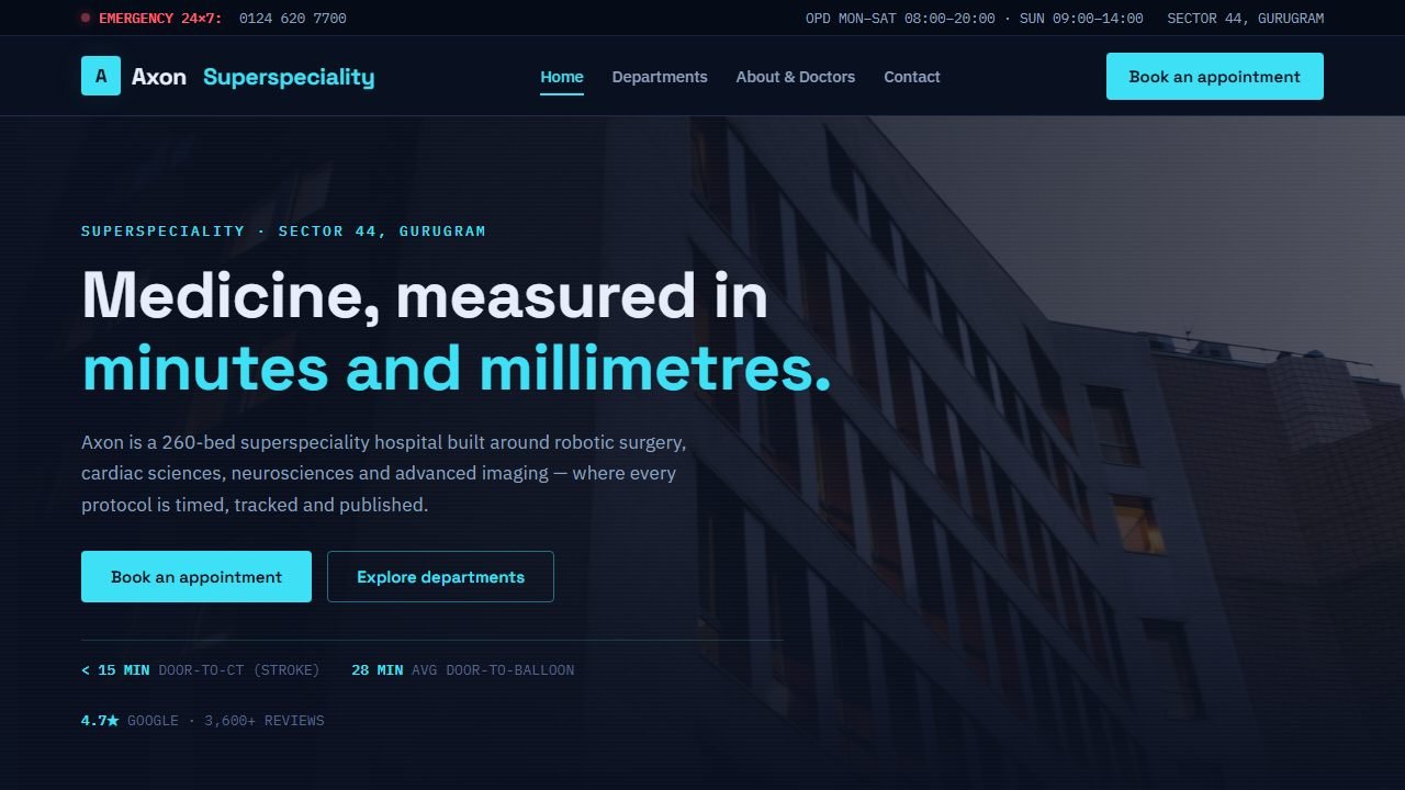 Screenshot of the Axon Superspeciality Hospital demo website homepage