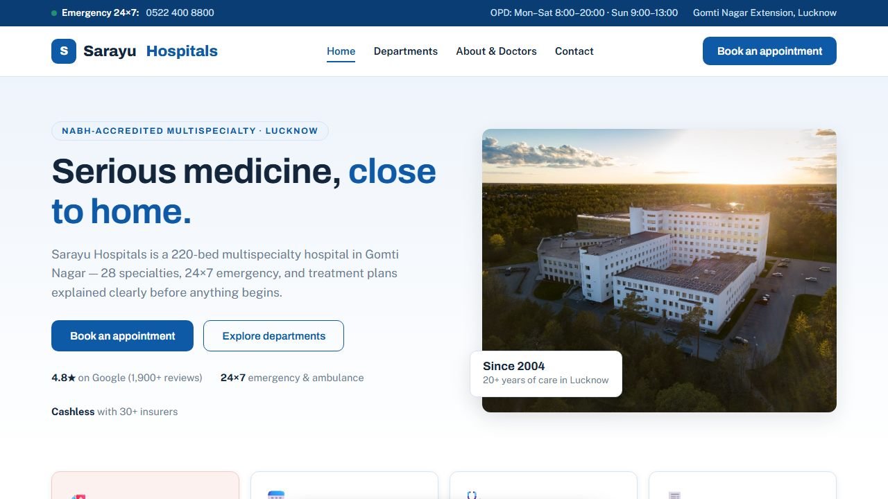 Screenshot of the Sarayu Hospitals demo website homepage
